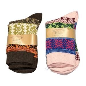 2 Pairs Loritta Style Winter Knit Crew Socks Nordic Pattern NWOT